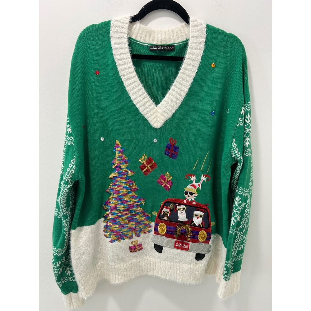 United States Sweaters Green Christmas Ugly Sweater Sequin Llama Santa XXL